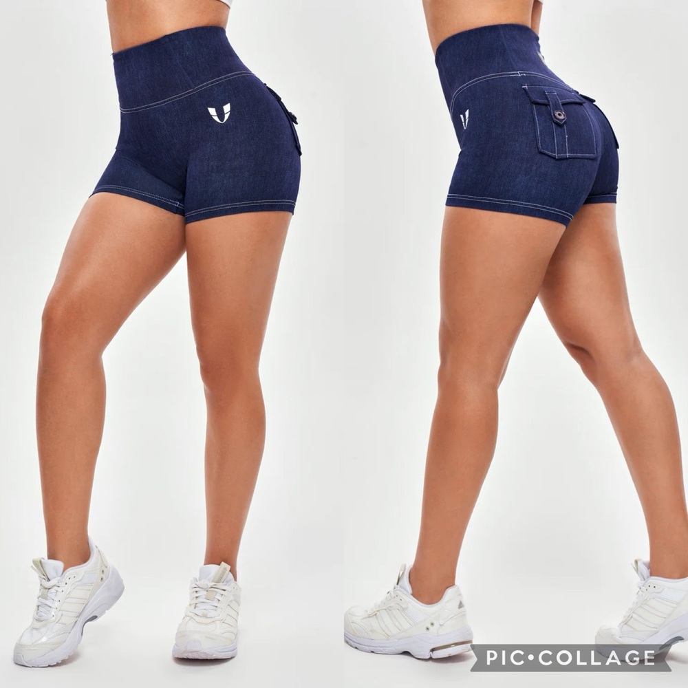 Firmabs High Waist Denim Blue Gym Athletic Workout Cargo Shorts